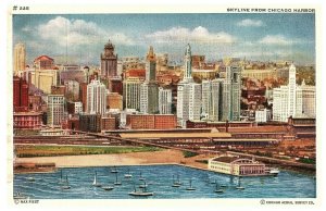 Chicago IL Skyline from Chicago Harbor Sailboats Aerial Survey Postcard