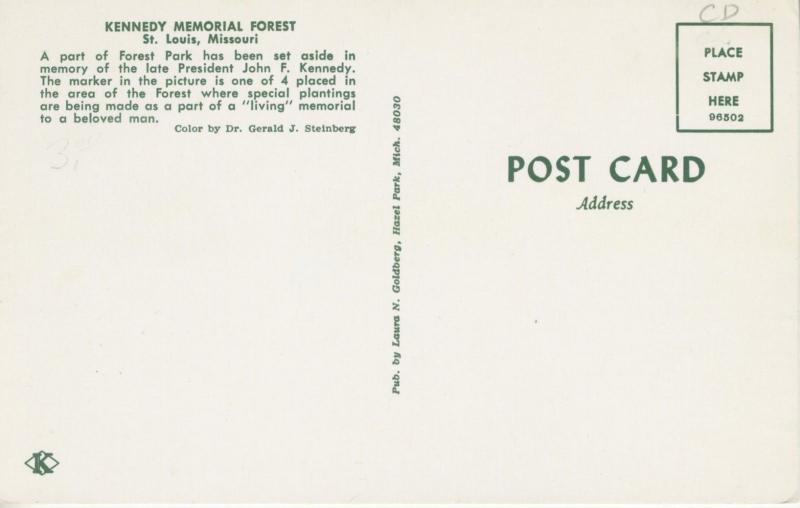 John F. Kennedy Memorial Forest ~ St. Louis Missouri ~ Vintage Postcard
