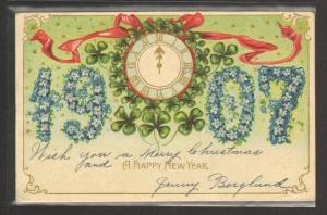 Happy New Year Date 1907 Blue Flower Clock embossed postcard