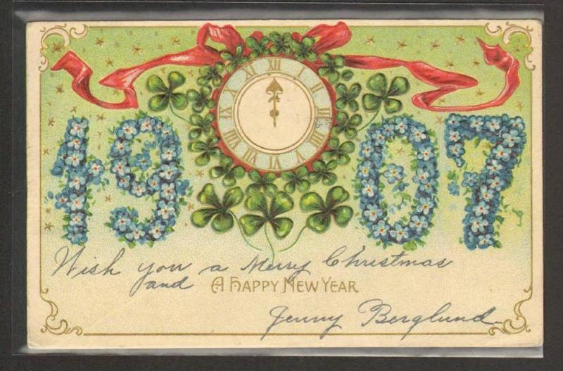 Happy New Year Date 1907 Blue Flower Clock embossed postcard
