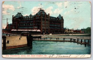 Old Point Comfort Virginia~Chamberlin Hotel Bldg~Trolley~Dock~Flag~1907 Postcard