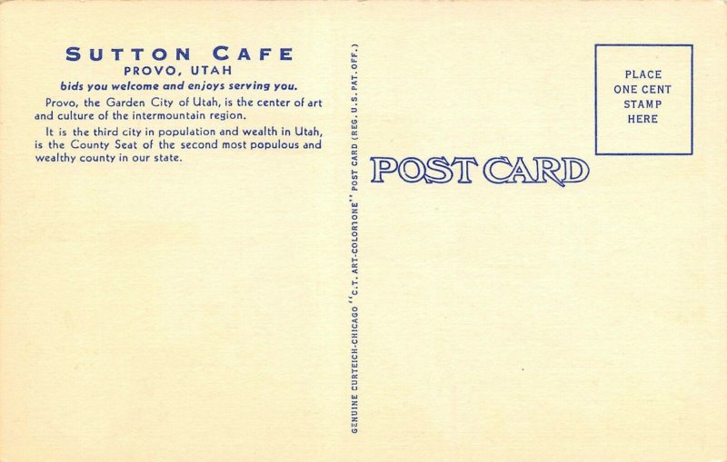 Sutton Cafe Interior Lunch Counter Provo Utah linen postcard