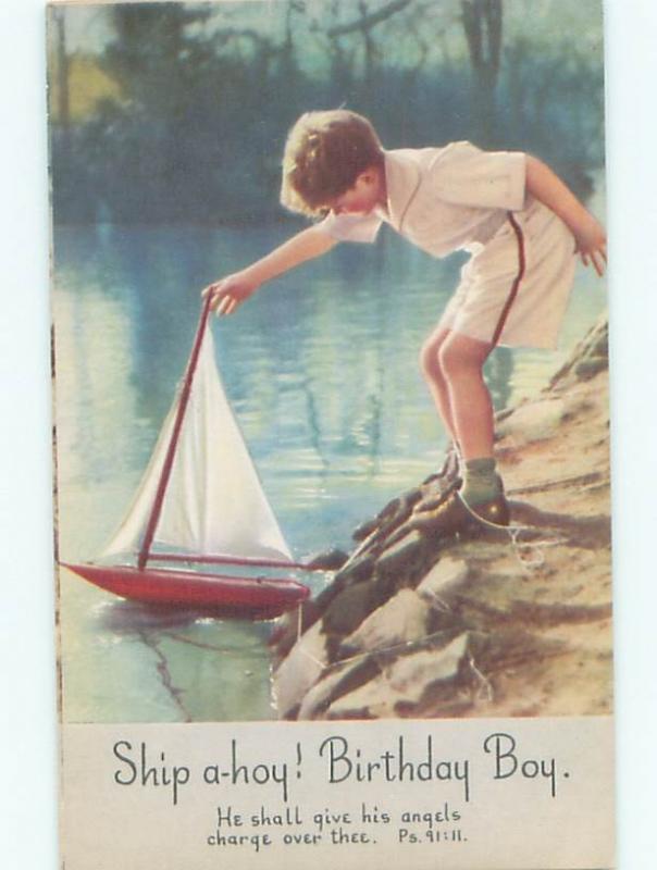 Pre-1980 BIRTHDAY BOY WITH HIS TOY SAILBOAT SHIP BOAT AC7500