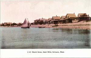 Postcard MA Scituate Beach Scene Sand Hills Sailboat Cottages ~1910 H20