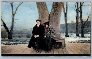 c1910's Couple Sitting Under The Tree Hand Painted Art RPPC Photo Postcard