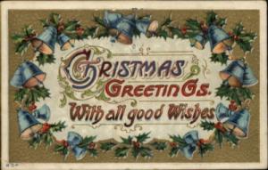 Christmas Embossed Bells Hollys c1910 Postcard