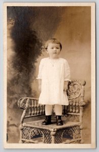 RPPC Cute Child White Dress Leather Boots Wicker Chair York PA Postcard C25