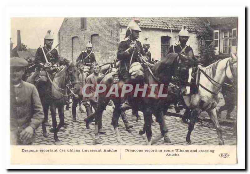 Old Postcard Dragons Uhlans escorting through Aniche TOP (militaria)