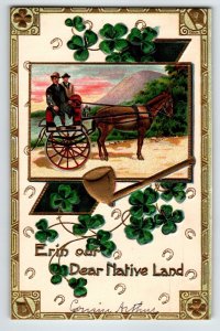 St Patrick's Day Postcard Irish Clovers Horse Carriage People Gold Pipe Embossed