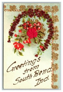 Vintage 1900's Greetings Postcard Pink Flowers 4 Leaf Clovers South Bend Indiana