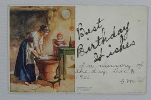 Woman Hand Washing Clothes with Child, Best Birthday Wishes - Vintage Postcard