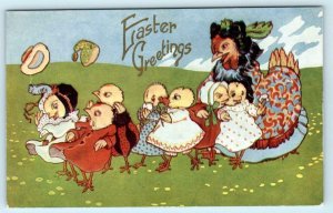 EASTER GREETINGS Embossed DRESSED CHICKS Chicken ca 1910s Postcard