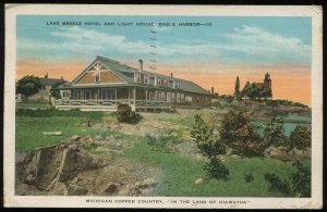 Lake Breeze Hotel and Light House, Eagle Harbor, MI. 1929 E.C. Kropp postcard