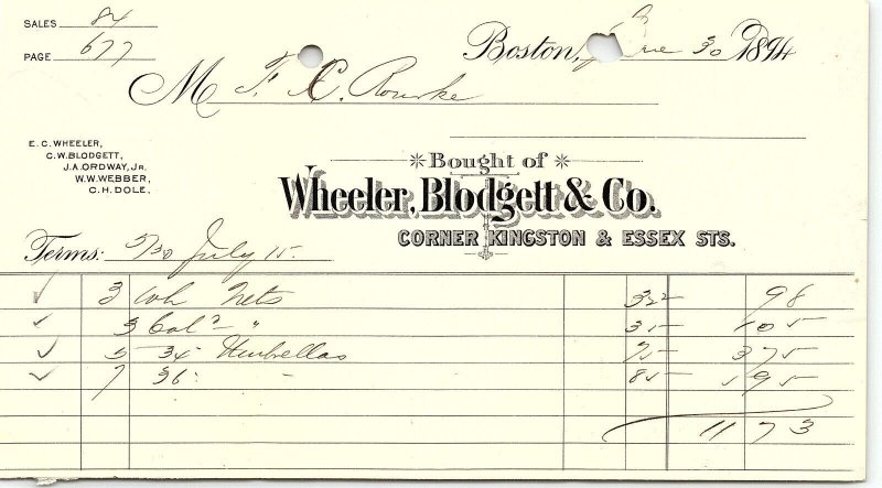 1894 WHEELER BLODGETT & CO BOSTON MA CORNER KINGSTON ST INVOICE BILLHEAD Z4213