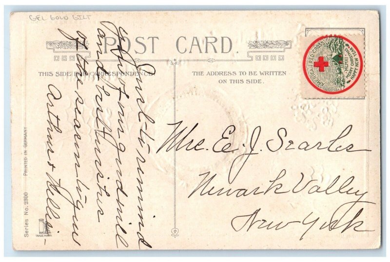 c1910's Christmas Holly Berries Windmill Pansies Flowers Gel Gold Gilt Postcard