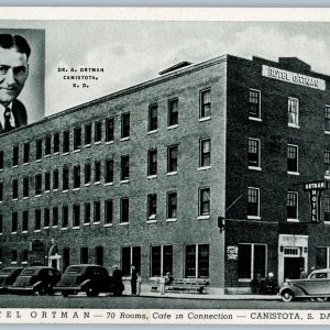 c1940s Canistota, SD Hotel Ortman Advertising Hotel & Chiropractor Litho PC A195