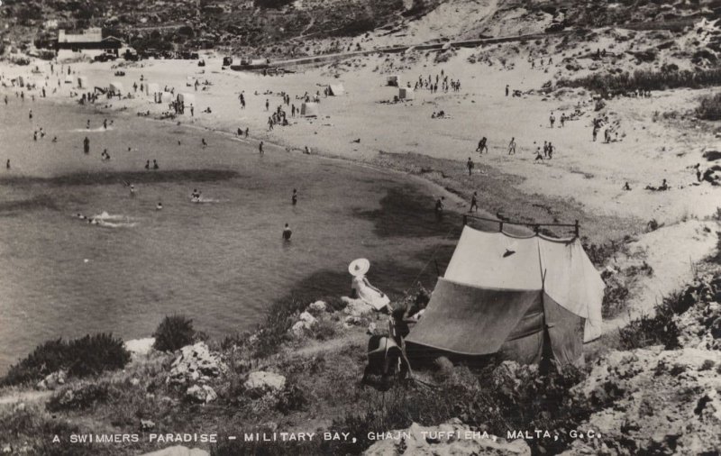 Camping Tent Malta Military Bay A Swimmers Paradise Real Photo Postcard