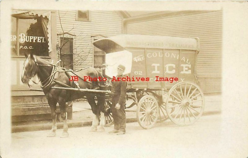 Unknown Location, RPPC, Colonial Ice Horse Drawn Advertising Wagon