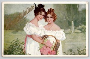 Two Beautiful Victorian With Basket of Roses Congratulations Postcard U22