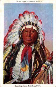 Linen Postcard Indian Chief in Festive Regalia Greetings from Petoskey, Michigan