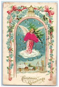 1909 Christmas Greetings Angel Pansies Flowers House Winter Silk Posted Postcard