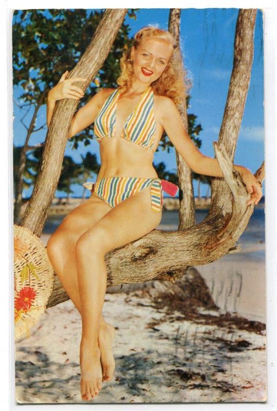 Bathing Beauty Woman Bikini Swimsuit Beach 1957 postcard