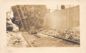 H90/ Interesting RPPC Postcard c1910 Railroad Wreck Disaster Men Tracks 177