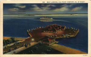 1938 LINEN POSTCARD BOAT LANDING OLD POINT COMFORT AT NIGHT VIRGINIA VA