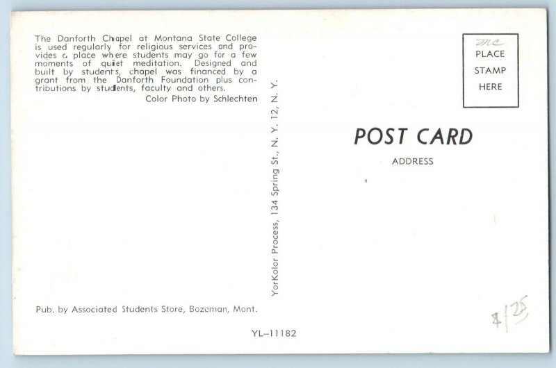 Bozeman Montana MT Postcard Danforth Chapel Montana State College Building c1960