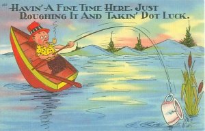 Fisherman in Boat Catching Pot Takin' Pot Luck Vintage Linen Postcard