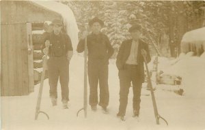 Postcard RPPC C-1910 Pioneer Life men log cabin winter hook tools TP24-807