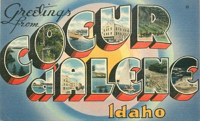 Coeur d Alene Idaho Large Letters multi Tichnor linen 1940s Postcard 21-9563