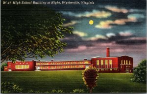 Vtg Wytheville Virginia VA High School Building At Night 1940s Linen Postcard