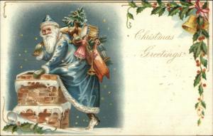 Christmas - Santa Claus Bl;ue Coat Going Down Chimney c1905 TUCK Postcard