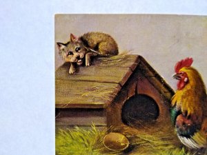 Roosters Chickens Dog On Doghouse Postcard Signed Muller Germany Series 216 