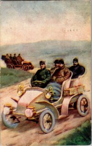 Men Riding in Early Motor Cars c1909 Vintage Postcard F57