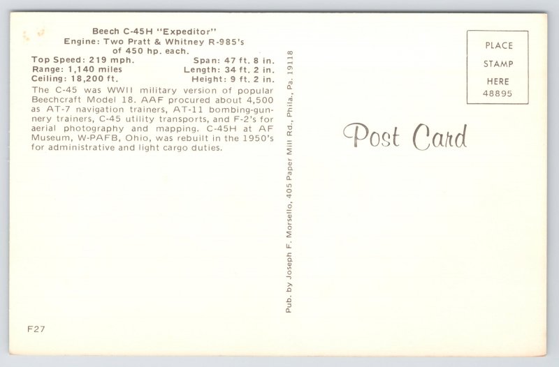Transportation~Beech C-45H Expeditor Stats On Back~Vintage Postcard