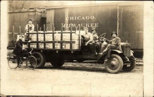 Beloit WI Cancel Delivery Truck Bicycle & Train Car c1910 Real Photo Postcard