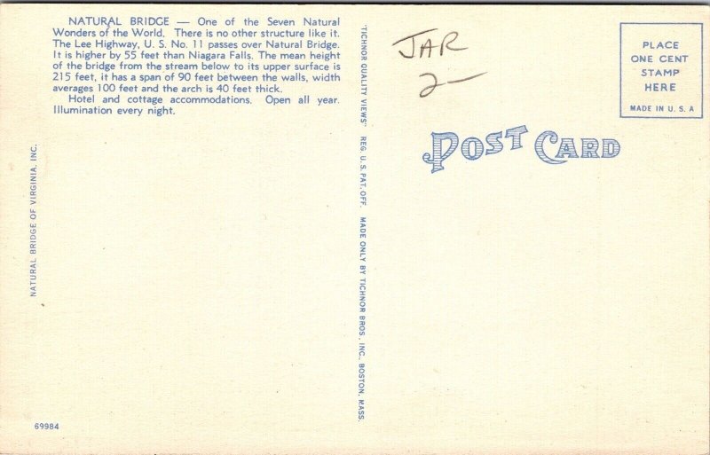 Natural Bridge VA Virginia Linen Postcard VTG UNP Tichnor Vintage Unused  