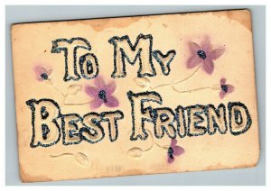 Vintage 1908 Greetings Postcard Best Friend Embossed Glitter Purple Flowers NICE