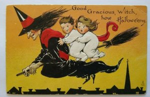 Vintage Halloween Postcard Large Witch & Children Riding Broom Tuck Series 188  