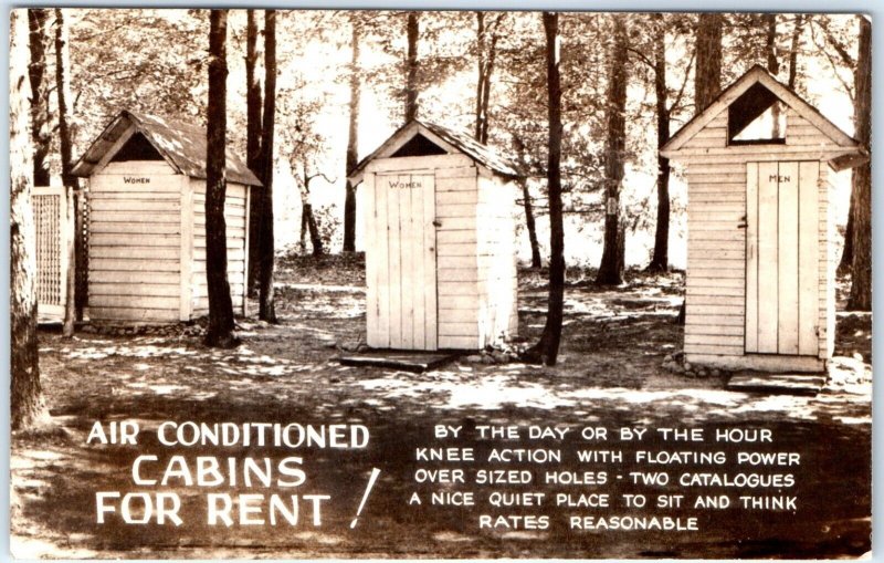 c1950s Funny Absurd RPPC Outhouse as Air Conditioned Cabins Photo Postcard A65