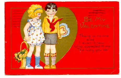 Two Children, Red Background, Be My Valentine Poem, Used 1931