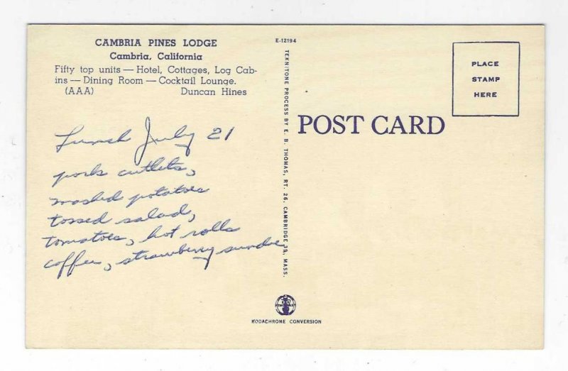 1940's Cambria Pines Lodge, Cambria, California Linen Postcard