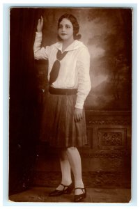 Early Young Woman Studio Encrucijada Cuba Real Photo RPPC Postcard (H34)