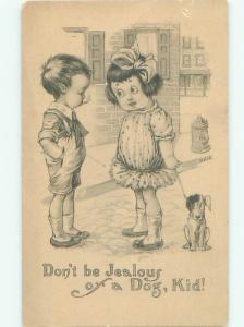 Pre-Linen Controversial BOY SMOKING CIGARETTE IS JEALOUS OF GIRL'S DOG AC1870