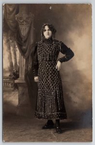 RPPC Woman Poses In Beautiful Edwardian Beaded Dress Studio Photo Postcard P29