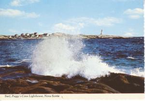 Surf Peggy's Cove Lighthouse NS Nova Scotia Sea Waves Rocks Vintage Postcard D9