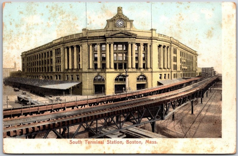 South Terminal Station Boston Massachusetts Rail Road & Roadway Antique Postcard