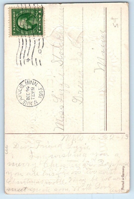 1913 Christmas Ringing Bells Winter Scene House Church Gel Gold Gilt Postcard